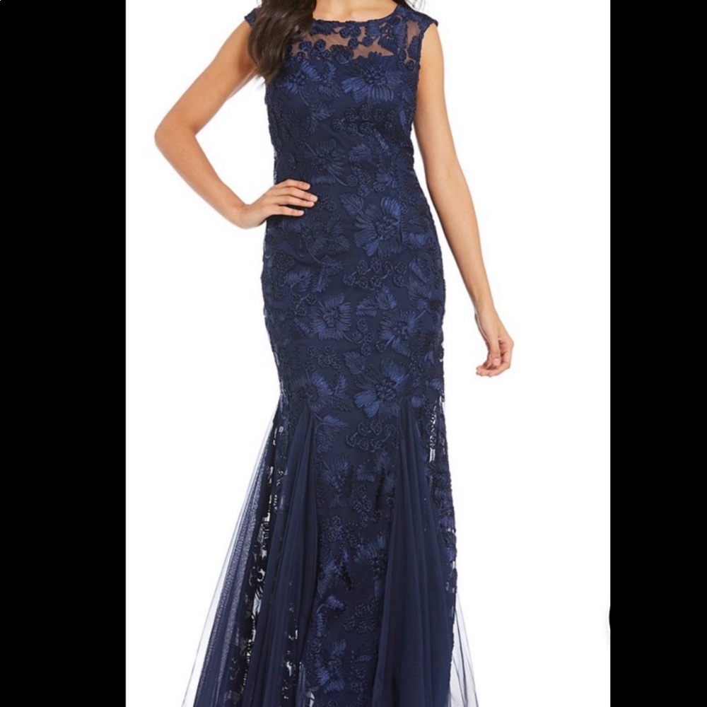 Navy Alex Evenings cap-sleeve embroidered gown